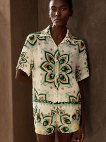 Maija Women's Multicolored Green & White Floral Print Short Sleeve Single-Breasted Shirt And Shorts Beach Vacation Set, Versatile Casual Bohemian Style Fashion Summerwear, Suitable For Beach, Vacation, Music Festival, Western Style