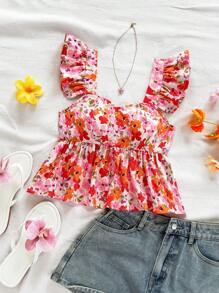 Soleia Blusa de mujer con mangas cortas, estampado floral y bloques de color, adecuada para vacaciones, festivales de música, estilo bohemio, días festivos, citas y meriendas - Multicolor - Ver 3