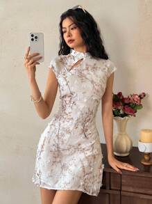 EastFlair 女式中国风花卉印花束腰迷你连衣裙，夏季