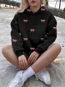 SHEIN EZwear Plus Size Black Bow Sweatshirt: Casual Rib-Knit Long Sleeve Sweatshirt With Pink Bow Print And Regular Hem - Multicolor - View 7