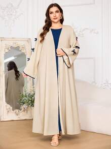 Graceveil Plus Size Women Bow-Decor Long Sleeve Jacket And Solid Color Round Neck Sleeveless Dress, Arabic Style Set, Modest