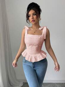 Elenzga Top de cuello cuadrado con cordones, de estilo jacquard blanco ajustado - Rosa - Ver 5