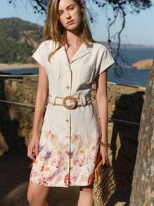MOTF PREMIUM WOMEN'S LINEN FLORAL PRINT BELTED SHORT DRESS, SUMMER VACATION