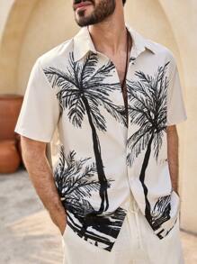 Manfinity VCAY 男士修身编织棕榈树印花短袖休闲衬衫，适合夏季 - 杏色 - 查看 5