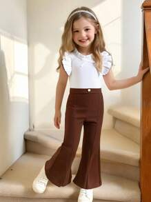 Young Girl Solid Color Cap Sleeve Top And Flared Pants Fashion 2 Pieces Set - Coffee Brown - View 1