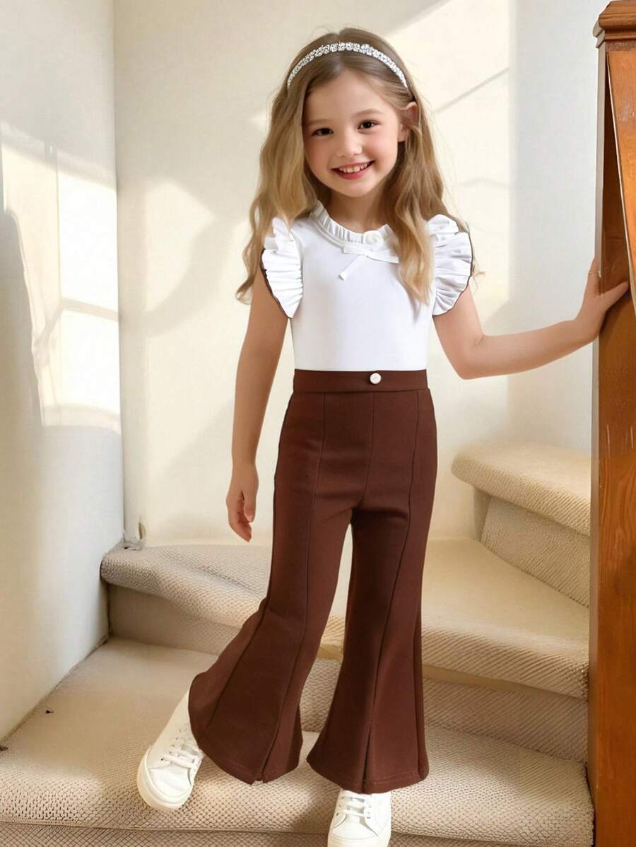 Young Girl Solid Color Cap Sleeve Top And Flared Pants Fashion 2 Pieces Set - Coffee Brown - View 1