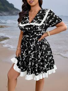 SHEIN LUNE 夏季时尚法式浪漫优雅多莉领荷叶边下摆碎花连衣裙 - 黑色 - 查看 7