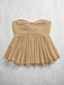 SHEIN VCAY Women's Casual Knitted Strapless Tie-Front Top With Ruffle Hem Detail - Khaki - View 2