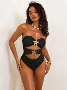 Opulessa 女士性感镂空海星装饰抹胸式连体泳衣，适合度假穿着