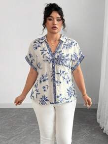 Elenzga Plus Size Women's French Chic Elegant Casual Vacation & Office Loose Shirt, V-Neck, Open Front, Drop Shoulder, Turn-Up Cuff, Solid Color Placement Floral Print, Spring/Summer - Blue and White - View 3