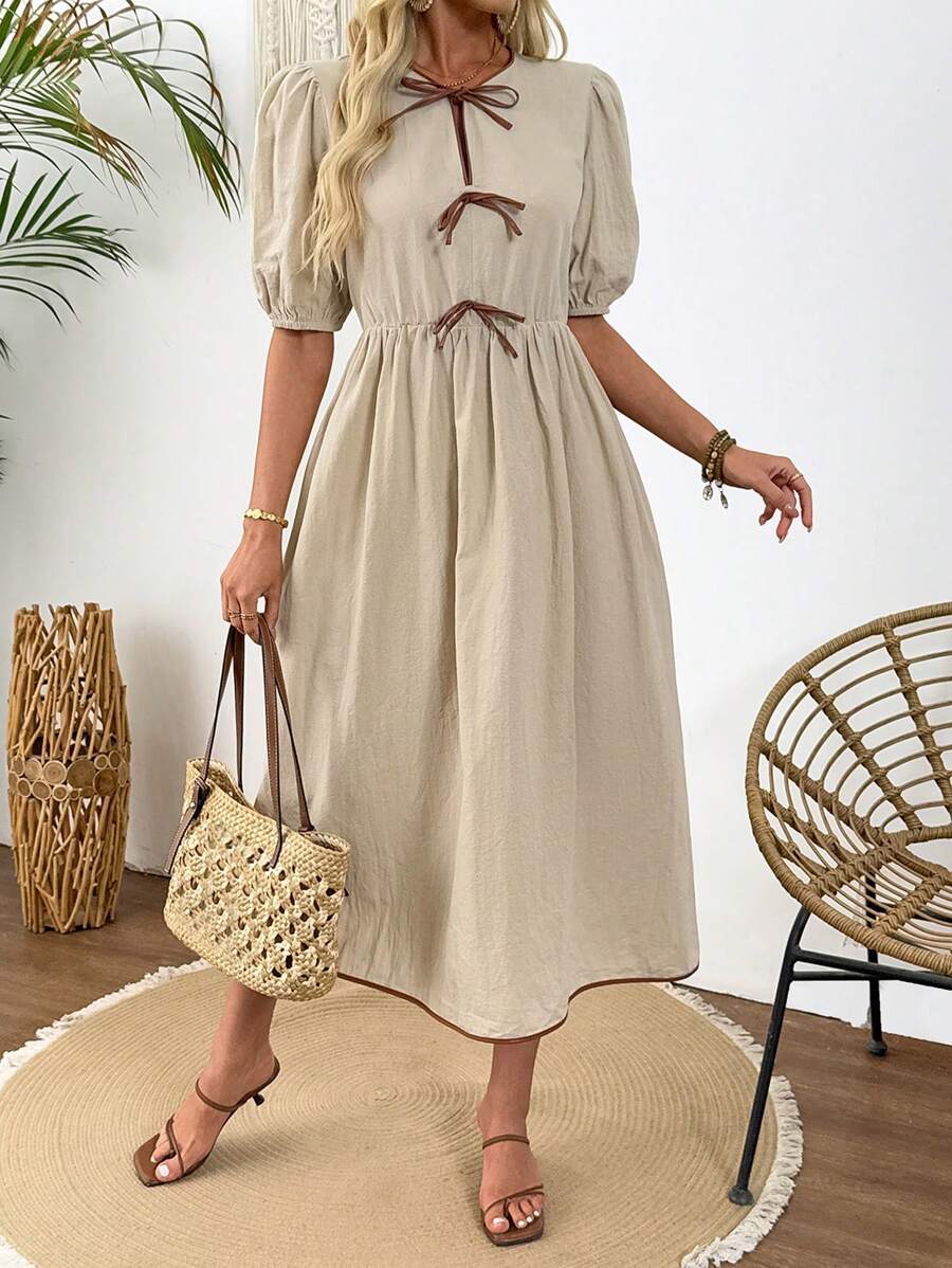 SHEIN LUNE Đầm midi ôm sát thanh lịch mùa hè dành cho nữ, có chi tiết thắt eo giúp thon gọn, điểm nhấn nơ, kiểu dáng thường ngày. - Màu be - Xem 1