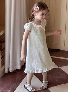 DAZY Girls (Small) Round Neck Lace Textured Short Sleeve Elegant Summer Dress