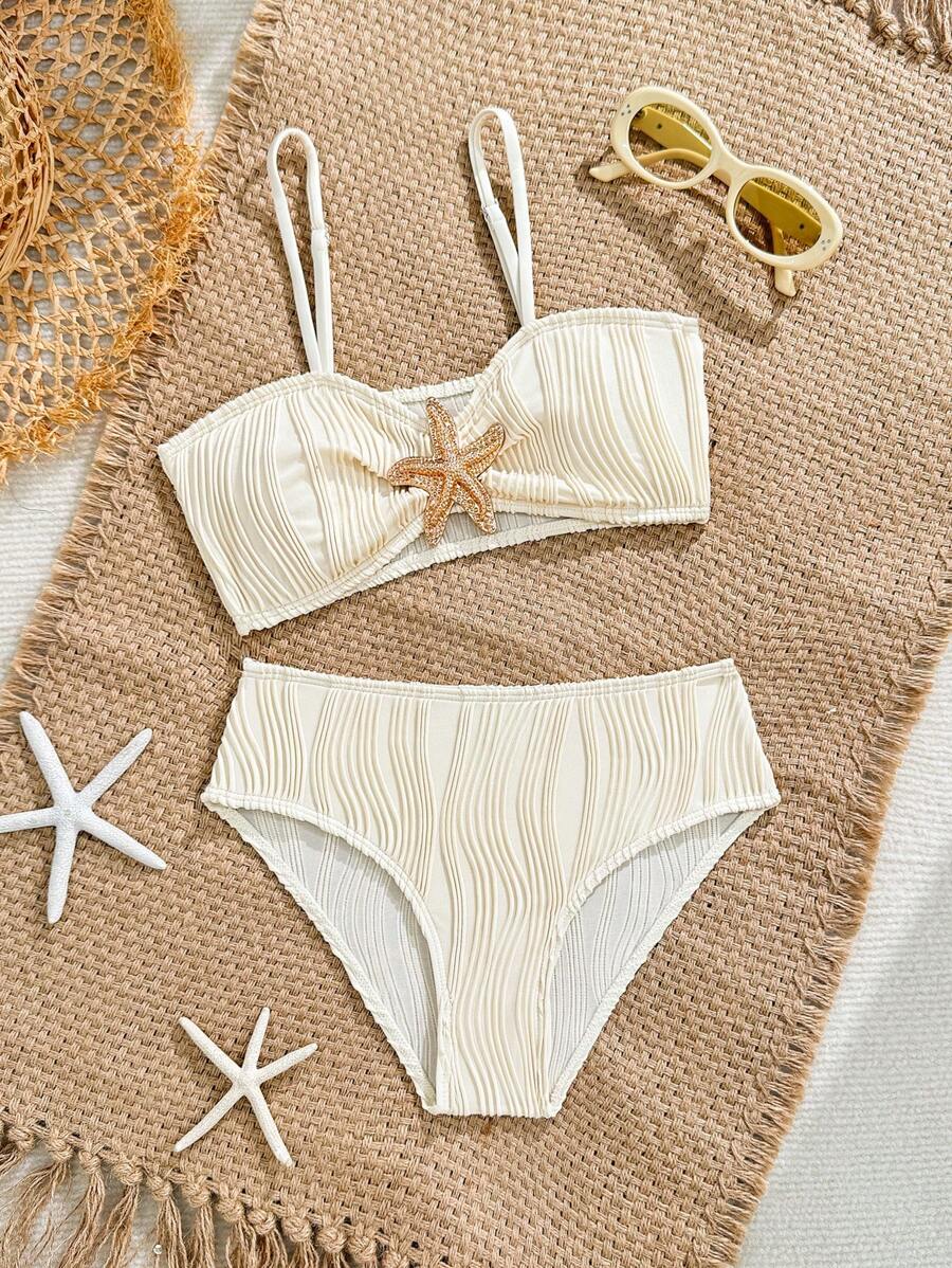 SHEIN Tween Girls' Starfish Textured Swimsuit Set Young Girl Summer Outfits Young Girls Sets Girl Beach Sets Beach Side Outfit For Girls Women Bathing Suit Set - Beige - View 1