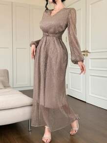 DAZY 女式优雅亮片腰部收腰V领长袖连衣裙，秋季 - 杏色 - 查看 3