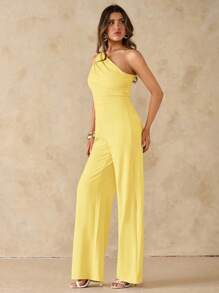 SHEIN BAE Summer Beach Vacation Elegant Solid Black Asymmetrical Collar Off-Shoulder One-Shoulder Jumpsuit, Suitable For Daily Dating, Night Out, Nightclubs, Parties, Get-Togethers, Cocktail Parties, Pool Parties, Office Wear, Commuter Jumpsuits, Holiday Jumpsuits