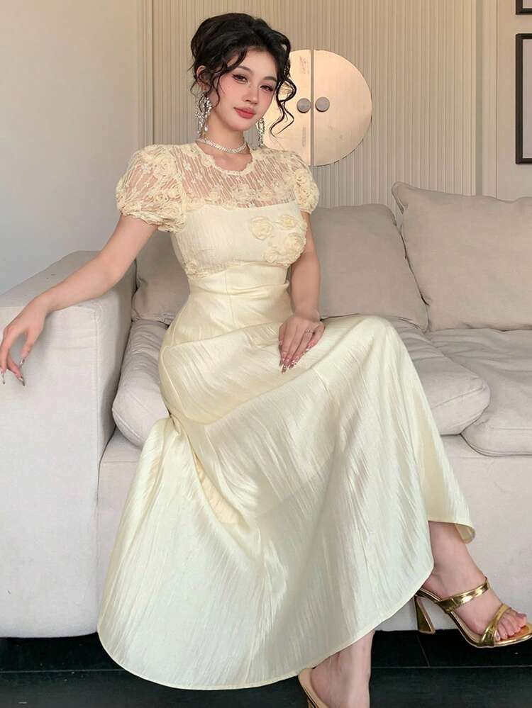 Summer Wedding Party Dress, Plant Floral 3D Flower Decor Hollow Lace Patchwork Satin Satin Elegant A-Line Midi Dress For Women Cocktail Dress