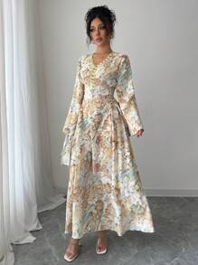 SHEIN Najma Vestido elegante árabe modesto con estampado floral, cinturón y mangas acampanadas para mujer