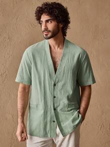 GENTILAND Men's Casual V-Neck Open Front Short Sleeve Solid Color Woven Shirt, Suitable For Daily Wear