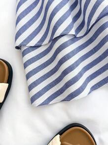 SHEIN 少女条纹抹胸编织绑带短款上衣和高腰分层荷叶边下摆蛋糕裙两件套服装，度假休闲街头服饰 - 藍白色 - 查看 6