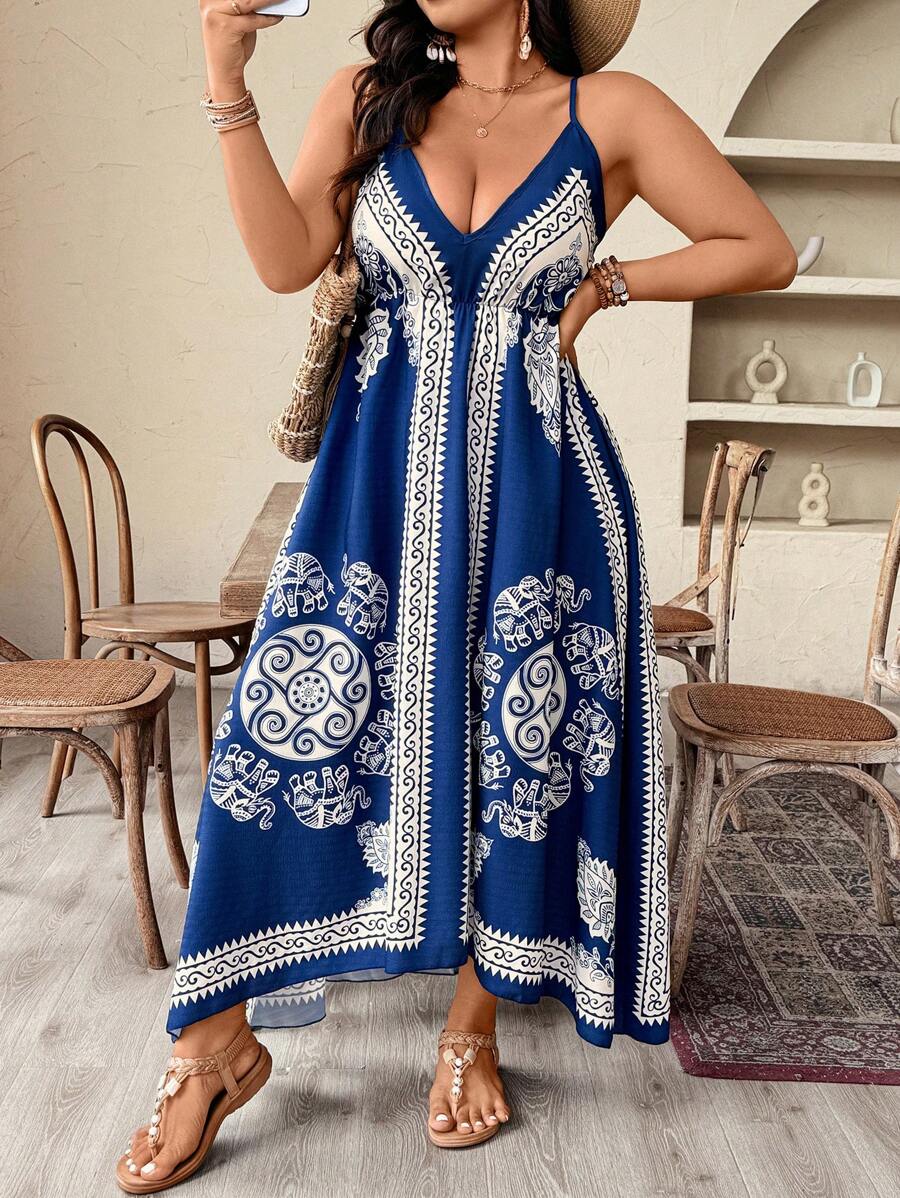 Weeklong 大码女式花卉印花不对称吊带背心连衣裙，假日风格 - 彩色 - 查看 1