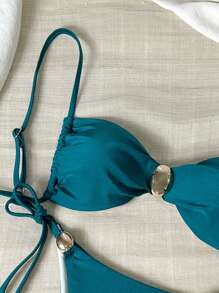 SHEIN Swim 女士夏季度假沙滩金属装饰细肩带比基尼套装 - 水鴨藍 - 查看 3