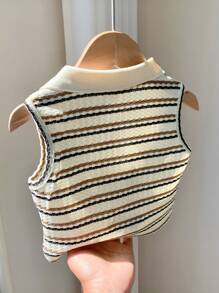 SHEIN Babygirl Cute Striped Knit Sleeveless Polo Shirt, Versatile For Summer