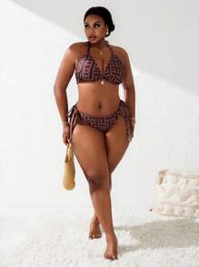 Slaydiva Exaggerate Metal Random Geometric Print Plus Size Swimsuit Set, Sexy And Stylish For Summer Beach Vacation - Multicolor - View 4