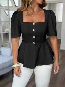 Franclia Plus Size Solid Color Square Collar Front Button Elegant Short Sleeve Blouse