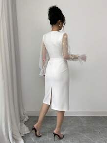 Rafferiza Váy thêu hoa lưới tương phản thanh lịch mùa hè - trắng - Xem 2