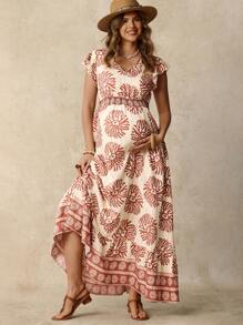 Boho Mama Boho Maternity Maxi Dress: Woven Fabric, Cap Sleeve, V Neck, Floral Print, And Flounce Hem For Summer - Multicolor - View 7