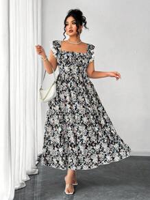 SHEIN Clasi Kleid in Große Größen mit V-Ausschnitt, geraffter Taille, ausgestelltem Saum und Spitzen-Schulterdetails, kleines Blumenmuster, geeignet für Urlaub, Ausflüge, Partys, Dates - Verschiedenfarbig - Übersicht 5