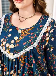 Lacomfia Plus Size Women's Floral Print Long Lantern Sleeve Ruffled Hem Arabic Style Dress Fall - Multicolor - View 3