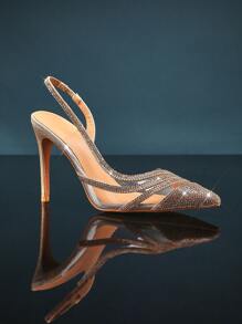 SHUZIA Pointed Tow Slingback Pumps With Rhinestones Decor, Glitter Materials, For Party, Wedding, Prom, Formal Occasions Mother's Day Present - Rose Gold - View 5