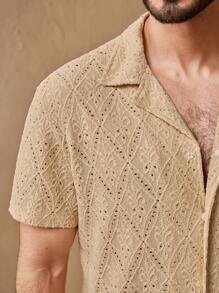 Manfinity VCAY Camisa de manga corta de cuello de corte ajustado con punto calado y diseño entrelazado para hombre - Caqui - Ver 3