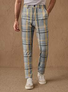 Manfinity ModaGents Men's Multicolor Cropped Knitted Pants: Stylish Plaid Pattern Semi-Sheer Trousers With Zipper Detail