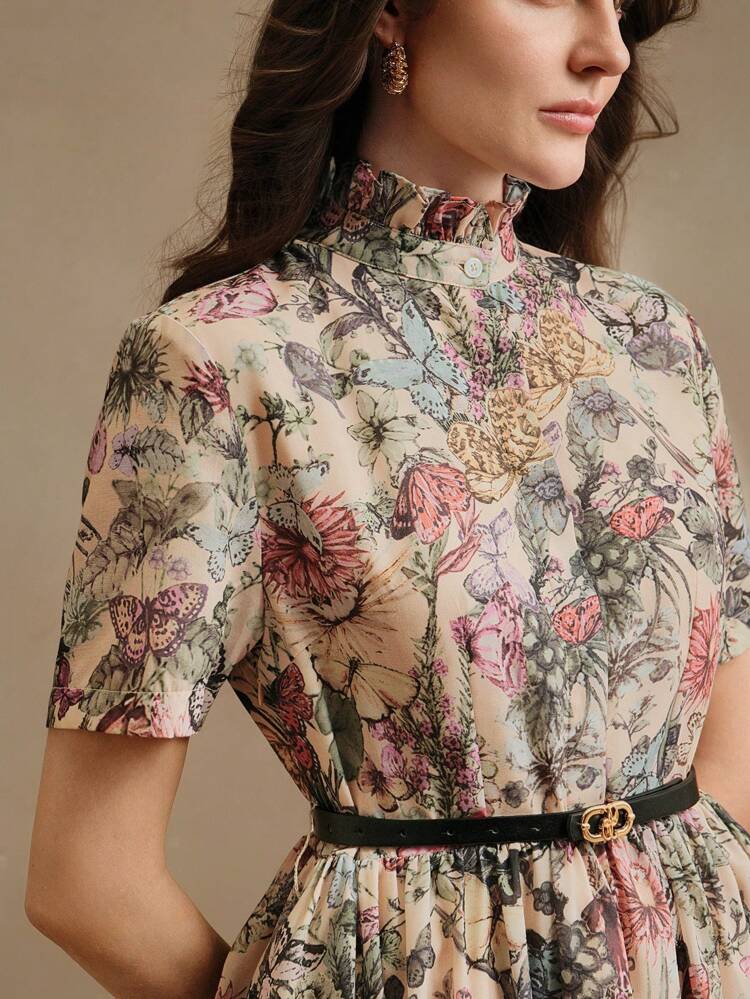 Elegant, Vacation, Festival Colorful Butterfly & Floral Print Small Collar Maxi Shirt Dress, Elegant Lady Dress With Belt For Women, Spring/Summer
