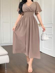 DAZY Women's Solid Color V-Neck Cinched Waist Ruffle Sleeve Elegant Dress, Summer