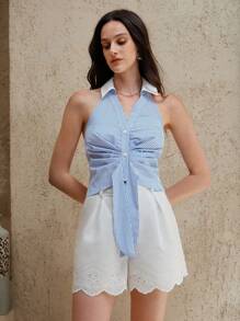 SHEIN Unity Camisa de mujer de cuello halter fruncida de una sola hilera de botones a rayas azules y blancas - Azul y blanco - View 5