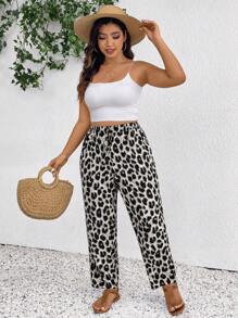 SHEIN Frenchy Plus Size Leopard Print Casual Pants, Summer Trousers, Vacation Trousers, Women Beachwear, Boho/Bohemian, Summer Women's Clothing, Casual, Daily Fashion