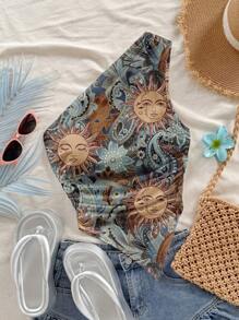 Soleia Women's Ruched Sleeveless Printed Sun Face Pattern Fashion Tank Top Suitable For Going Out - Blue - View 7