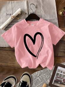 SHEIN Tween Girls Casual Minimalist Tees, Heart, Leopard Print Love, Plaid Heart, Colorful Heart Graphic Designs, Black, Pink, Khaki, Suitable For Summer