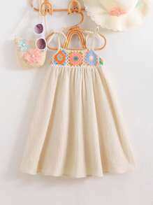 SHEIN Young Girl Woven Solid Color Splicing Ribbon Strap Sleeveless Dress - Apricot - View 7