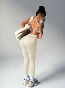 Dewbera Women's Plain Pleated Camisole And Leggings Sports Set Workout Clothes Women Women Sports Outfit - Creamy White - View 2