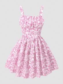 1 件 Tween 女童甜美花卉印花荷叶边下摆 A 字形无袖连衣裙，适合度假、日常穿着、聚会、春夏季 - 粉色 - 查看 3