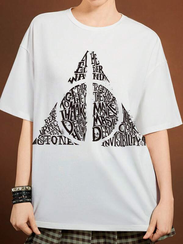 HARRY POTTER X SHEIN Women's Casual Graphic Round Neck Short Sleeve  Oversized White T-Shirt, Summer Graphic Tees