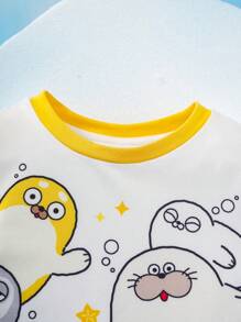 SEALOOK X SHEIN Baby Boy Cartoon Seal Print Contrast Color Sleeve White Casual Short Sleeve T-Shirt And Blue Shorts Summer Set