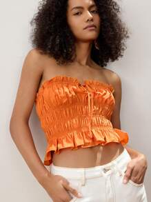 Maija 女式橙色褶饰抽绳弹性前抹胸，性感休闲度假短款衬衫，时尚简约设计 - 橘色 - 查看 1