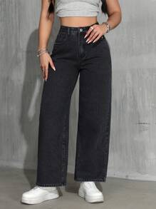 SHEIN PETITE 女士休闲日常斜口袋宽松阔腿牛仔裤 - 深灰色 - 查看 5