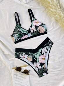 Swim Lushoire Floral Print Hollow Out Spaghetti Strap Bikini Set, Printed Randomly For Summer Beach Vacation - Multicolor - View 2