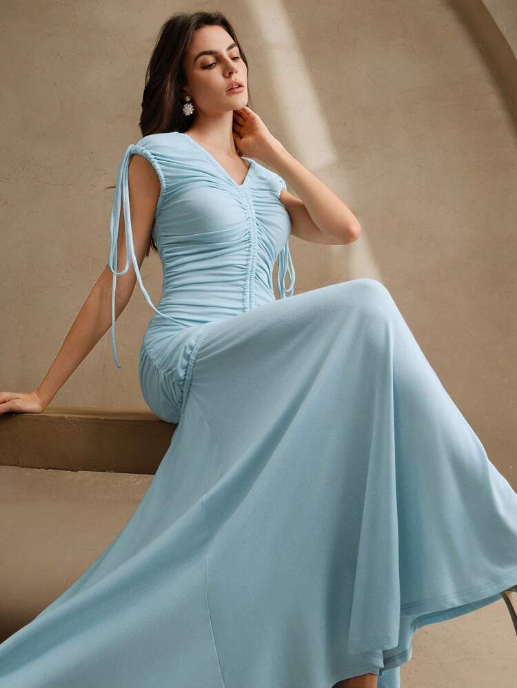 Women Elegant V-Neck Pleated Waist Knit Dress, Fashion Going Out, Vacation Outfits, Suitable For Festival, Spring/Summer